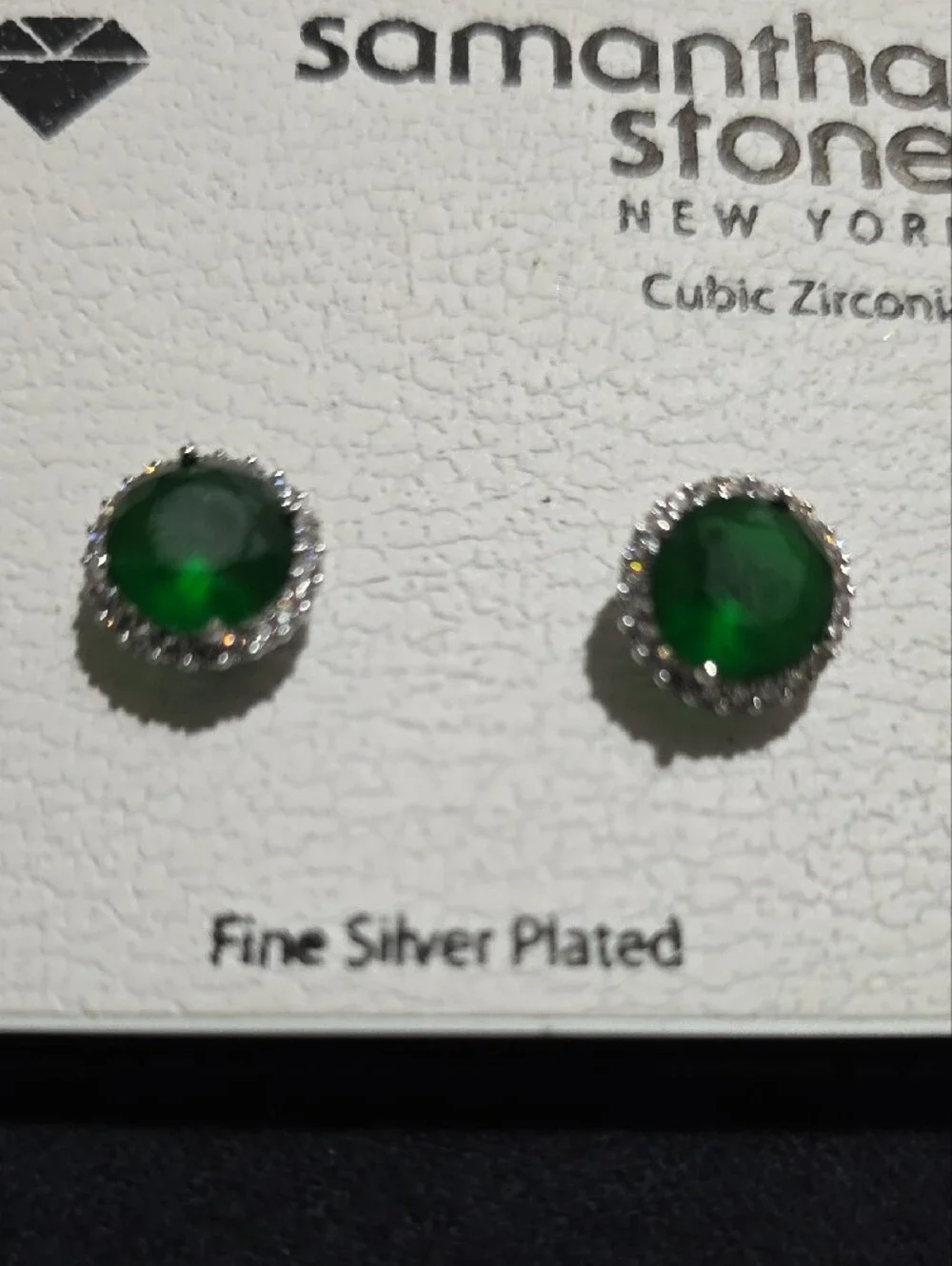 Green &  Clear Rhinestone Post/ Pierced Earrings Silver Plated Bling